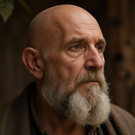 Photograph of an elderly, bald man with a white beard, wearing a brown jacket, gazing thoughtfully to the right in dim light.