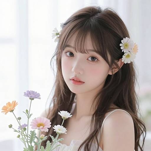 Photograph of a young Asian woman with long dark hair, holding flowers, wearing a white top, and adorned with a daisy hairpin. Soft