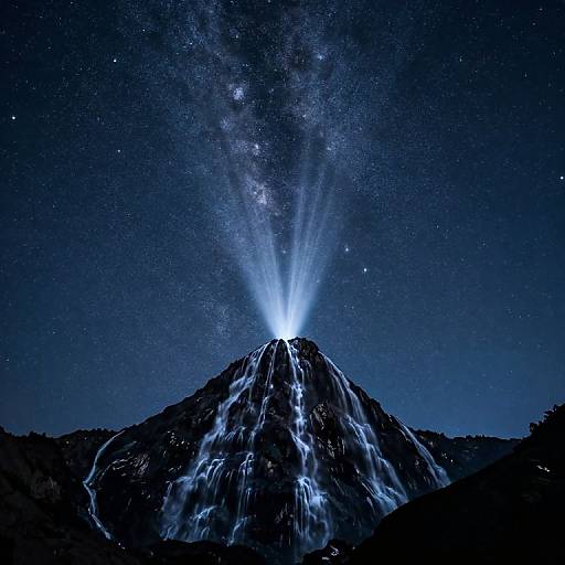 Photograph of a mountain at night, illuminated from the top by a bright, glowing light, with a star-filled sky above.