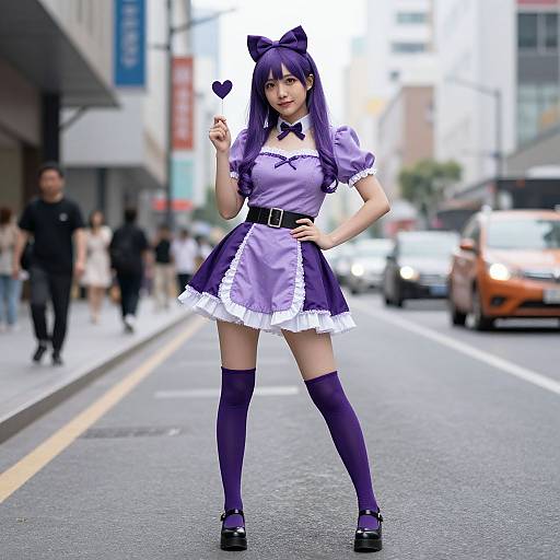 Digital art of a purple-haired anime girl in a purple and white maid outfit, posing on a busy city street. Blurred background with pedestrians and cars