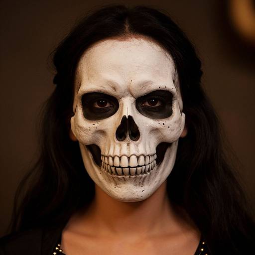 Photograph of a woman with long black hair, wearing a white skull face paint with black eye sockets, smiling widely, against a dark, blurred background