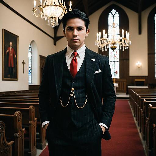 Young Man in Formal Suit in Church