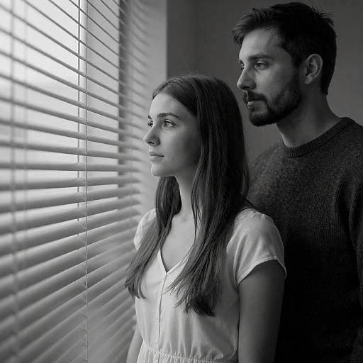 Contemplative Couple by Window Blinds
