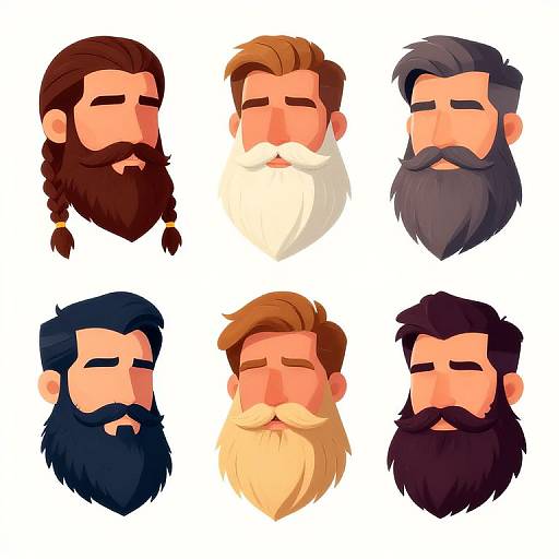 Digital illustration of six stylized, cartoon bearded men with various facial hair styles, colors, and braided options, arranged in a 3x