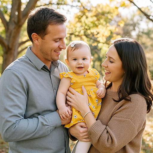 Photograph of a smiling Caucasian family: father in gray shirt, mother in brown sweater, holding a baby in a yellow floral dress, outdoors with sunlight