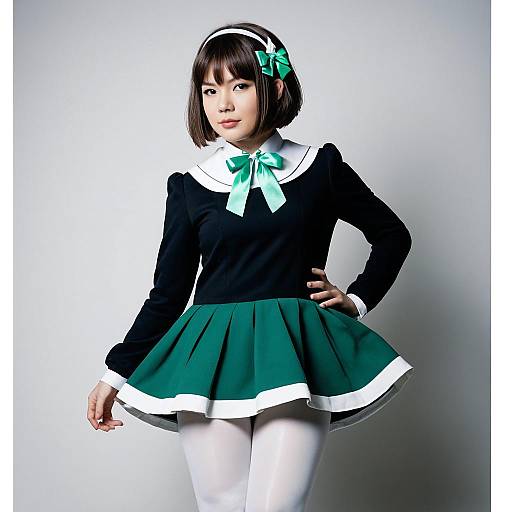 Photograph of an Asian woman in a black sailor-style top with green bow, white collar, green pleated skirt, white tights, and green