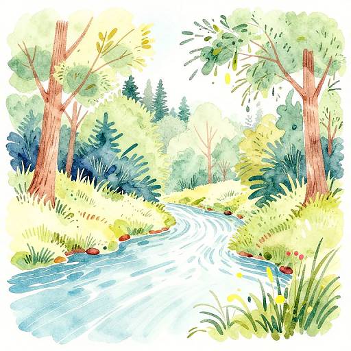 Watercolor painting of a serene forest stream, featuring tall trees with green and yellow foliage, blue water, and colorful rocks.