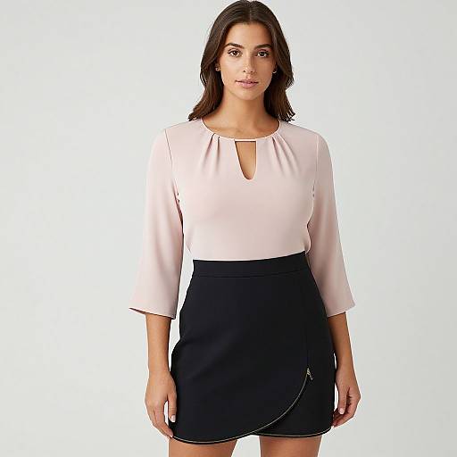 Photograph of a young woman with medium skin tone, brown hair, wearing a pale pink blouse with a keyhole neckline and a black, high-w