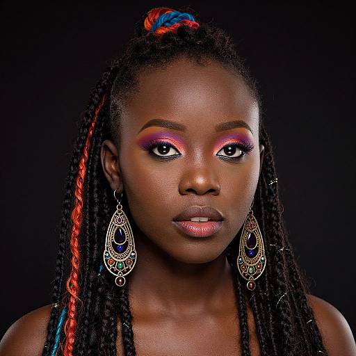 Photograph of a dark-skinned woman with long braids, red and blue streaks, pink and purple eyeshadow, wearing ornate earrings