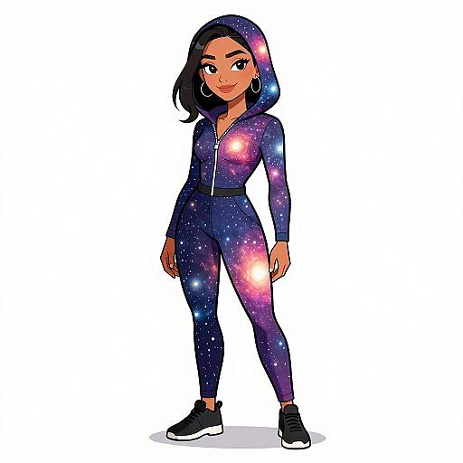 Digital illustration of a confident woman with medium skin tone and black hair, wearing a galaxy-patterned tracksuit and black sneakers, standing against a white background