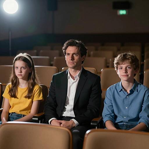 Three people sitting in dimly lit theater