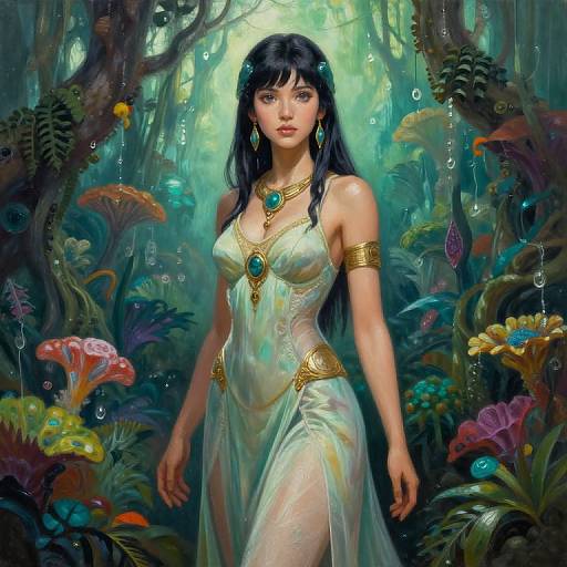 Digital fantasy artwork of a beautiful, fair-skinned woman with long black hair, wearing a translucent white dress and gold jewelry, standing in a lush,