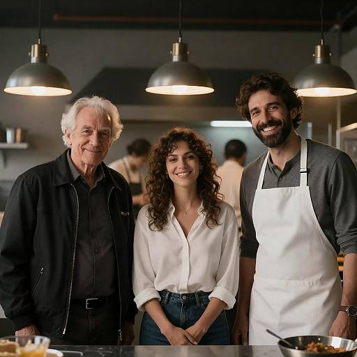 Three People Smiling in Kitchen