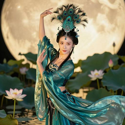 Digital artwork of an Asian woman in a teal, peacock-feathered headdress and flowing silk dress, dancing against a full moon and lotus