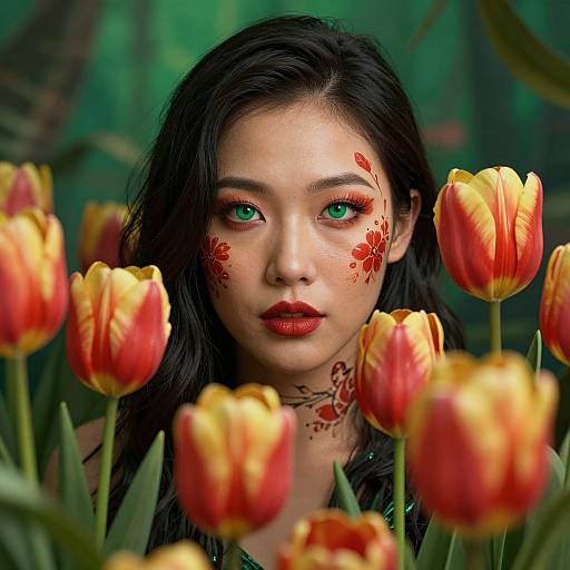 Photograph of an Asian woman with green eyes, red floral face paint, and black hair, surrounded by yellow and red tulips.