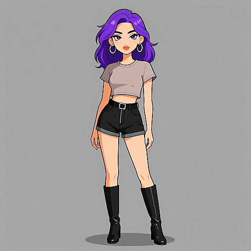 Digital anime-style drawing of a purple-haired woman with hoop earrings, wearing a gray crop top, black shorts, and black boots.