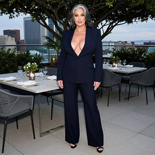 Photograph of a confident, mature woman with silver hair, deep cleavage in a black blazer and pants, standing on an outdoor rooftop patio with
