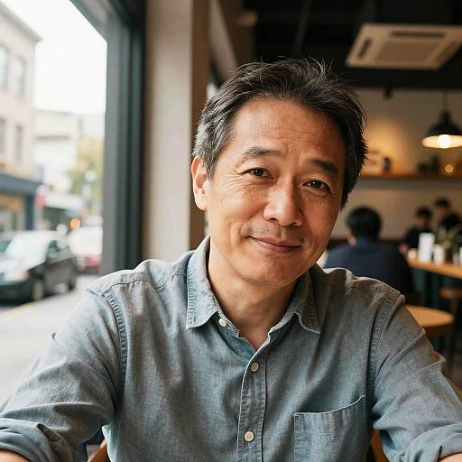 Photograph of middle-aged Asian man with short black hair, wearing a light blue button-up shirt, smiling softly in a cozy café.