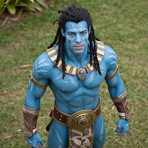 Photograph of a muscular man with blue painted skin, black dreadlocks, gold armor, and tribal loincloth, standing on grass.