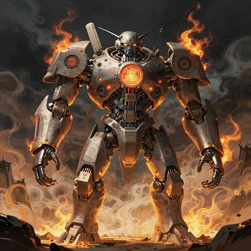 Digital artwork of a massive, metallic robot with glowing orange eyes, surrounded by intense flames, standing in a smoky, apocalyptic landscape.