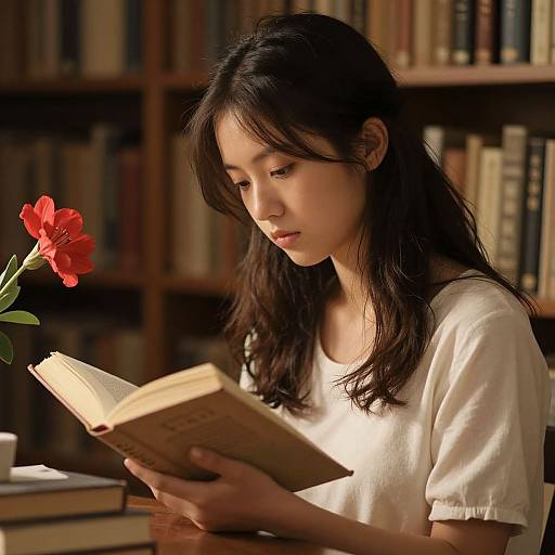 Photograph of an Asian girl with long black hair, wearing a white blouse, reading a book in a library, with a red flower on the table