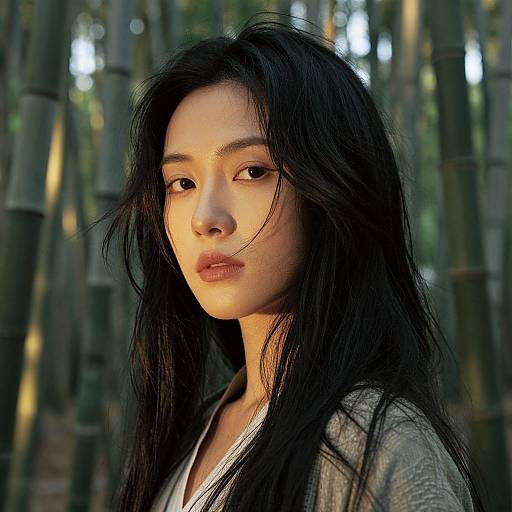 Photograph of an Asian woman with long, black, slightly messy hair, wearing a grey jacket, standing in a bamboo forest, sunlight highlighting her face