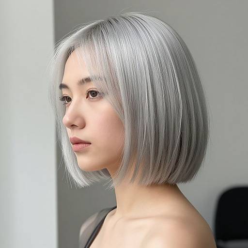Photograph of an Asian woman with a sleek, silver bob haircut, light skin, and neutral expression, in a softly lit room.