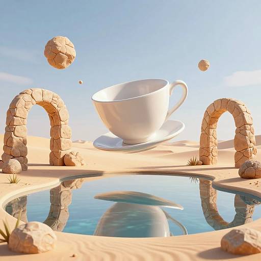 Digital artwork of a giant white teacup and saucer floating above a desert oasis with stone arches, cracked rocks, and a reflective pool under