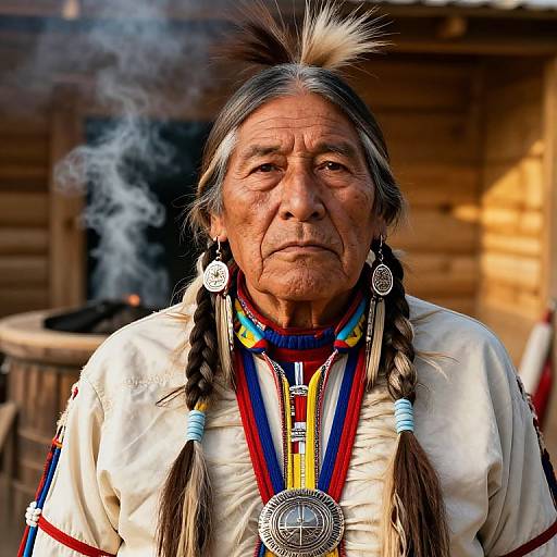 Photograph of an elderly Native American man with long, braided gray hair, wearing traditional white shirt, colorful beaded necklace, and silver earrings,