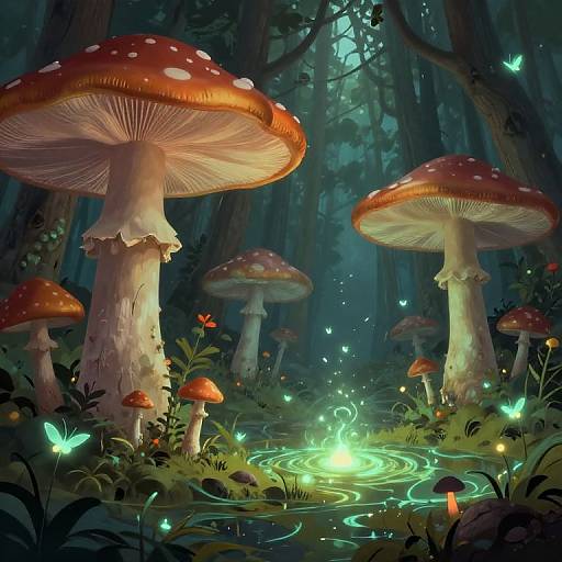 Fantastical forest scene with glowing mushrooms, bioluminescent butterflies, and a glowing green pool surrounded by enchanting forest foliage. Digital art.