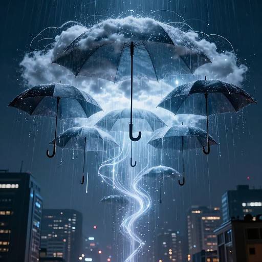 Photograph: Glowing, ethereal umbrellas with rain effects hanging in a dark, rainy cityscape at night, illuminated by bright, blue-white