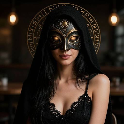 Photograph of a mysterious woman with long black hair, wearing a black lace camisole, and a gold-embellished black masquerade