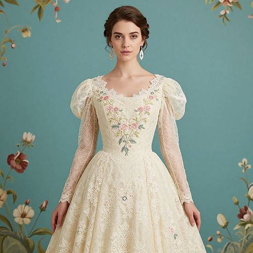 Victorian Lace Gown with Floral Embroidery