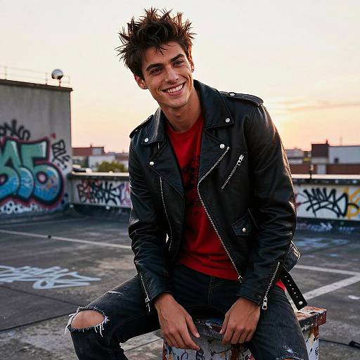 Young Man in Leather Jacket on Rooftop