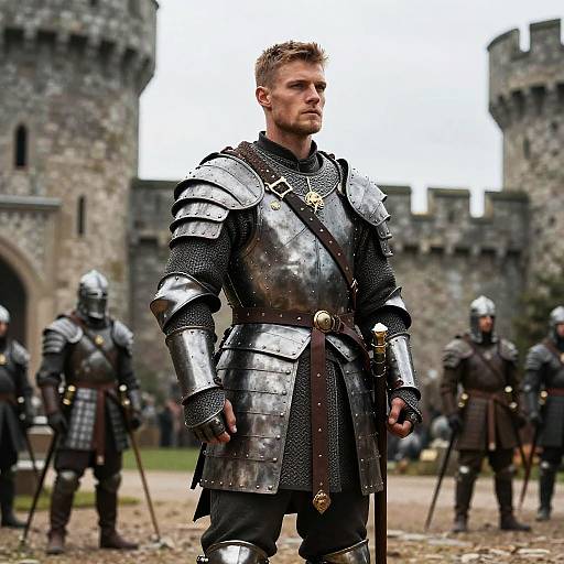 Photograph of a muscular, blond male knight in shiny medieval armor standing confidently in front of a stone castle with three other armored soldiers in the background.