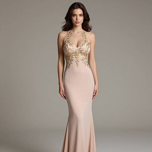 Photograph of a dark-haired woman in a floor-length, pale pink gown with gold floral lace detailing and halter neckline, standing against a plain gray