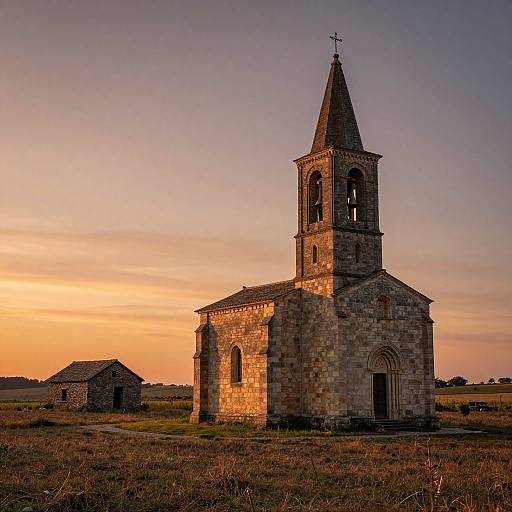 Photograph of a sunlit, stone church with a tall, pointed steeple, surrounded by a grassy field and a small, adjacent barn