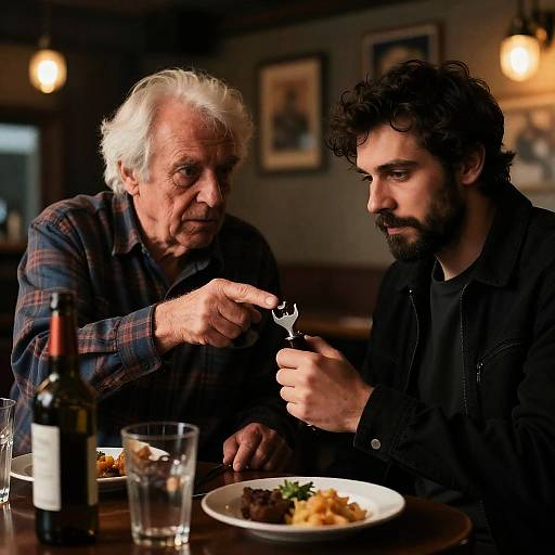 Intense Conversation in a Dimly Lit Bar