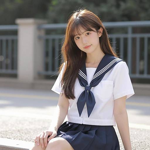 Cheerful Asian Woman in Sailor Uniform
