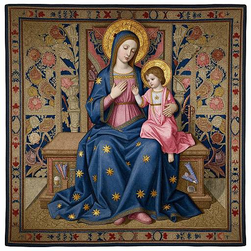 Medieval-style religious painting of the Virgin Mary with golden halo, blue robe with stars, holding baby Jesus in pink dress, floral backdrop, seated on