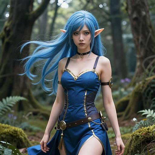 Digital art of a blue-haired, elf-like woman with pointed ears, wearing a blue, gold-trimmed dress, in a mystical forest.