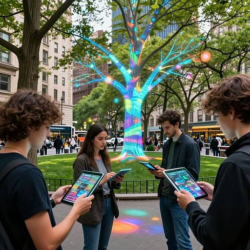 Photograph of four young people with tablets displaying colorful digital tree, standing in urban park with trees and buildings.