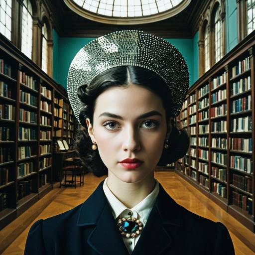 Surrealist Portrait of Young Woman in Library