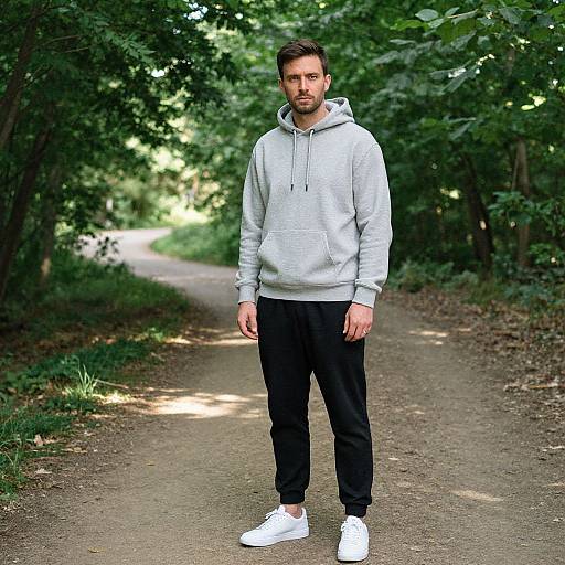 Photograph of a bearded man with short brown hair, wearing a gray hoodie, black pants, and white sneakers, standing on a shaded forest path