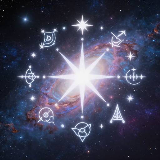 Digital artwork of a radiant starburst in space, surrounded by white astrological symbols, set against a colorful nebula backdrop.