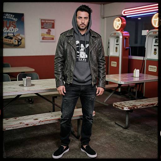 Photograph of a bearded man with spiky black hair, wearing a black leather jacket, gray hoodie, and black jeans, standing in a dim