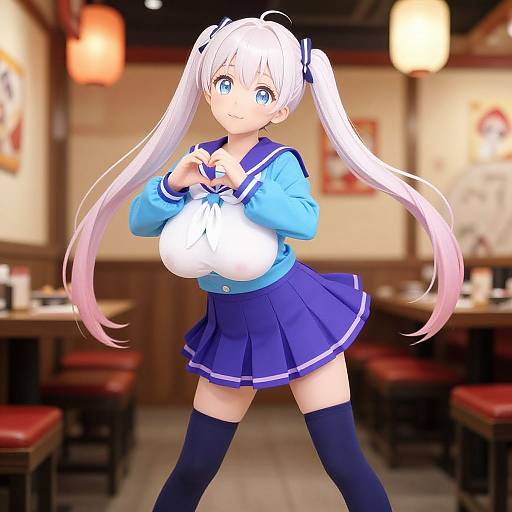 Anime-style digital drawing of a cute, blue-eyed, white-haired girl in a blue sailor uniform, holding a bag, standing in a warmly lit,