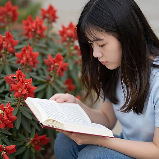 Young Asian woman with black hair, white shirt, and blue jeans, reading a book amidst vibrant red flowers, sitting outdoors.