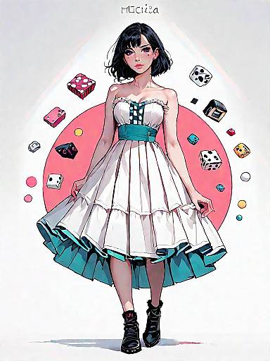 Stylish Woman in Strapless Dress with Dice Background