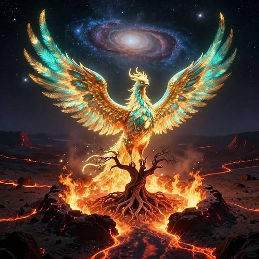 Digital artwork of a fiery phoenix with glowing turquoise and gold wings, rising from a blazing inferno under a starry night sky with a visible galaxy.